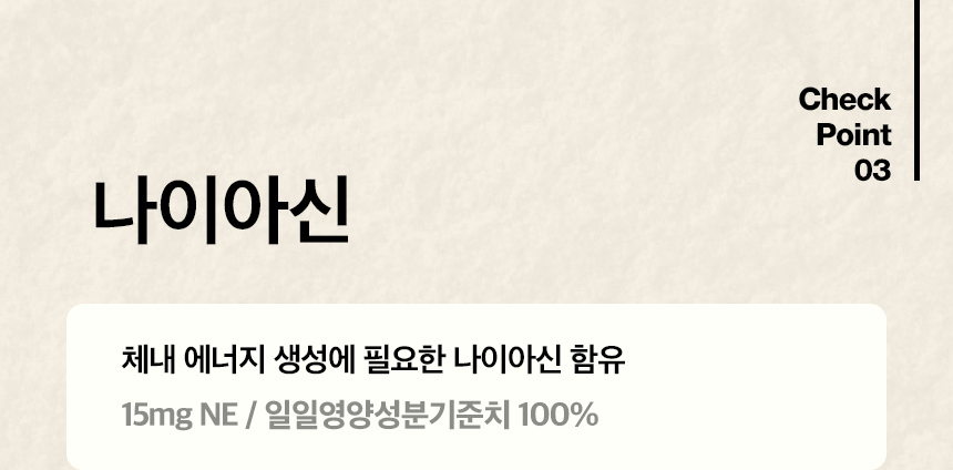 Check Point 03. 나이아신 체내 에너지 생성에 필요한 나이아신 함유 (15mg NE / 일일영양성분기준치 100%)