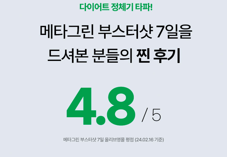 다이어트 정체기 타파! 메타그린 부스터샷 7일을 드셔본 분들의 찐 후기 4.8/5 메타그린 부스터샷 7일 올리브영몰 평점 (24.02.16 기준)