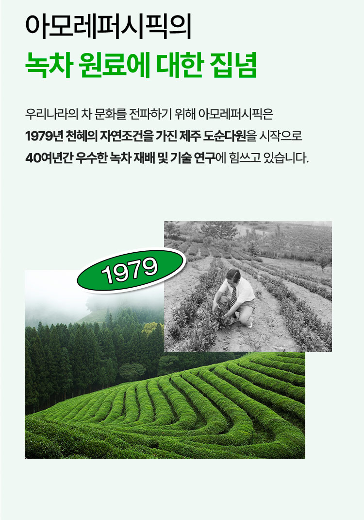 아모레퍼시픽의 녹차 원료에 대한 집념 우리나라의 차 문화를 전파하기 위해 아모레퍼시픽은 1979년 천혜의 자연조건을 가진 제주 도순다원을 시작으로 40여년간 우수한 녹차 재배 및 기술 연구에 힘쓰고 있습니다.