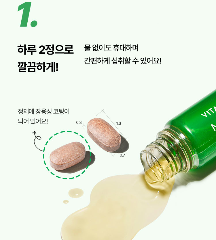 1. 하루 2정으로 깔끔하게! 물 없이도 휴대하며 간편하게 섭취할 수 있어요!