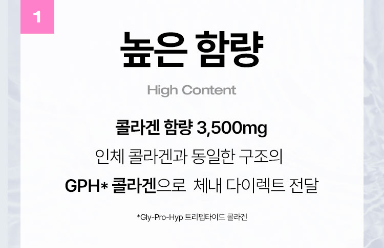 1 높은 함량(High Content) 콜라겐 함량 3,500mg
인체 콜라겐과 동일한 구조의  Gph* 콜라겐으로  체내 다이렉트 전달 *Gly-Pro-Hyp 트리펩타이드 콜라겐