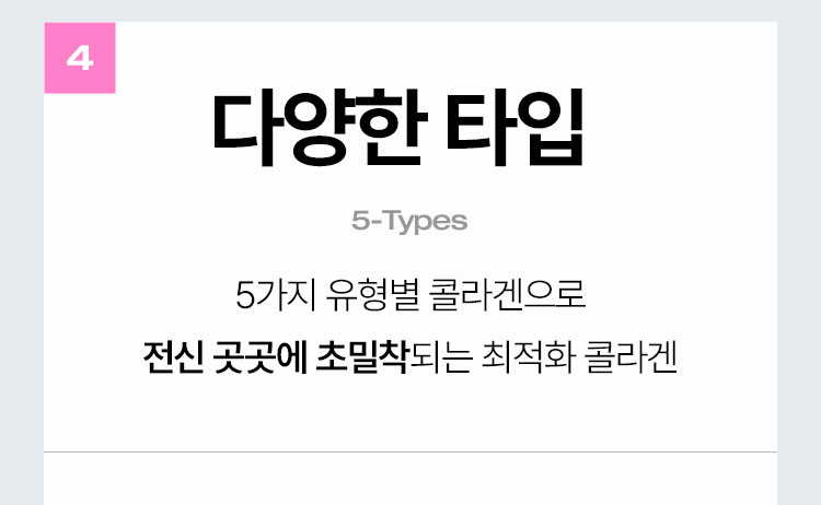 다양한 타입(5-Types)  5가지 유형별 콜라겐으로 전신 곳곳에 초밀착되는 최적화 콜라겐