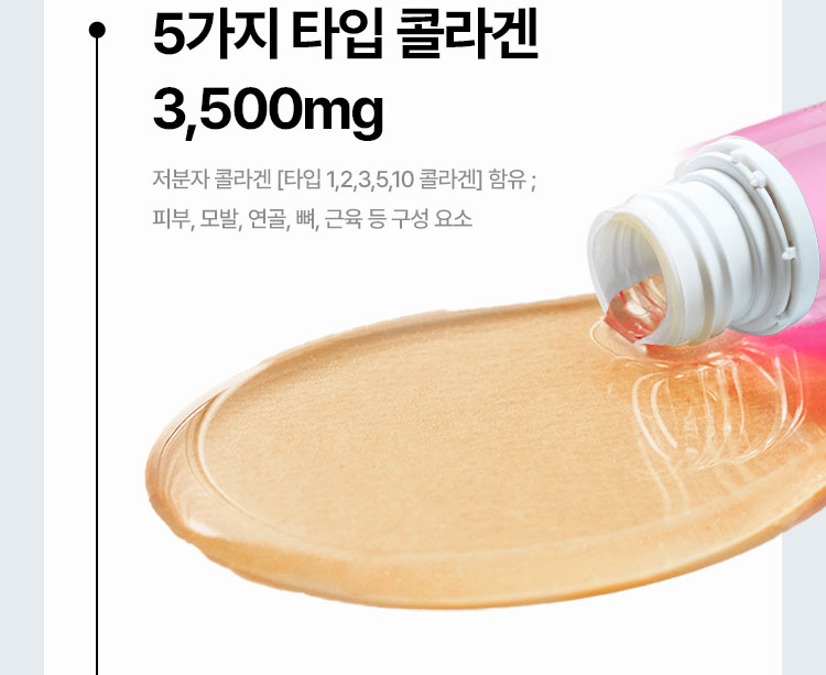 5가지 타입 콜라겐 3,500mg 저분자 콜라겐 [타입 1,2,3,5,10 콜라겐] 함유 ; 피부, 모발, 연골, 뼈, 근육 등 구성 요소