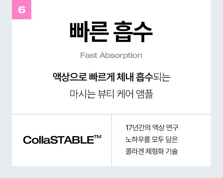 6 빠른 흡수(Fast Absorption) 액상으로 빠르게 체내 흡수되는 마시는 뷰티 케어 앰플 CollaSTABLE 17년간의 액상 연구노하우를 모두 담은 콜라겐 제형화 기술