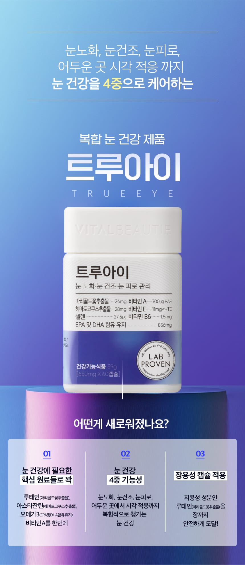 눈노화, 눈건조, 눈피로, 어두운 곳 시각 적응까지 눈 건강을 4중으로 케어하는 복합 눈 건강 제품, 트루아이(TRUE EYE)