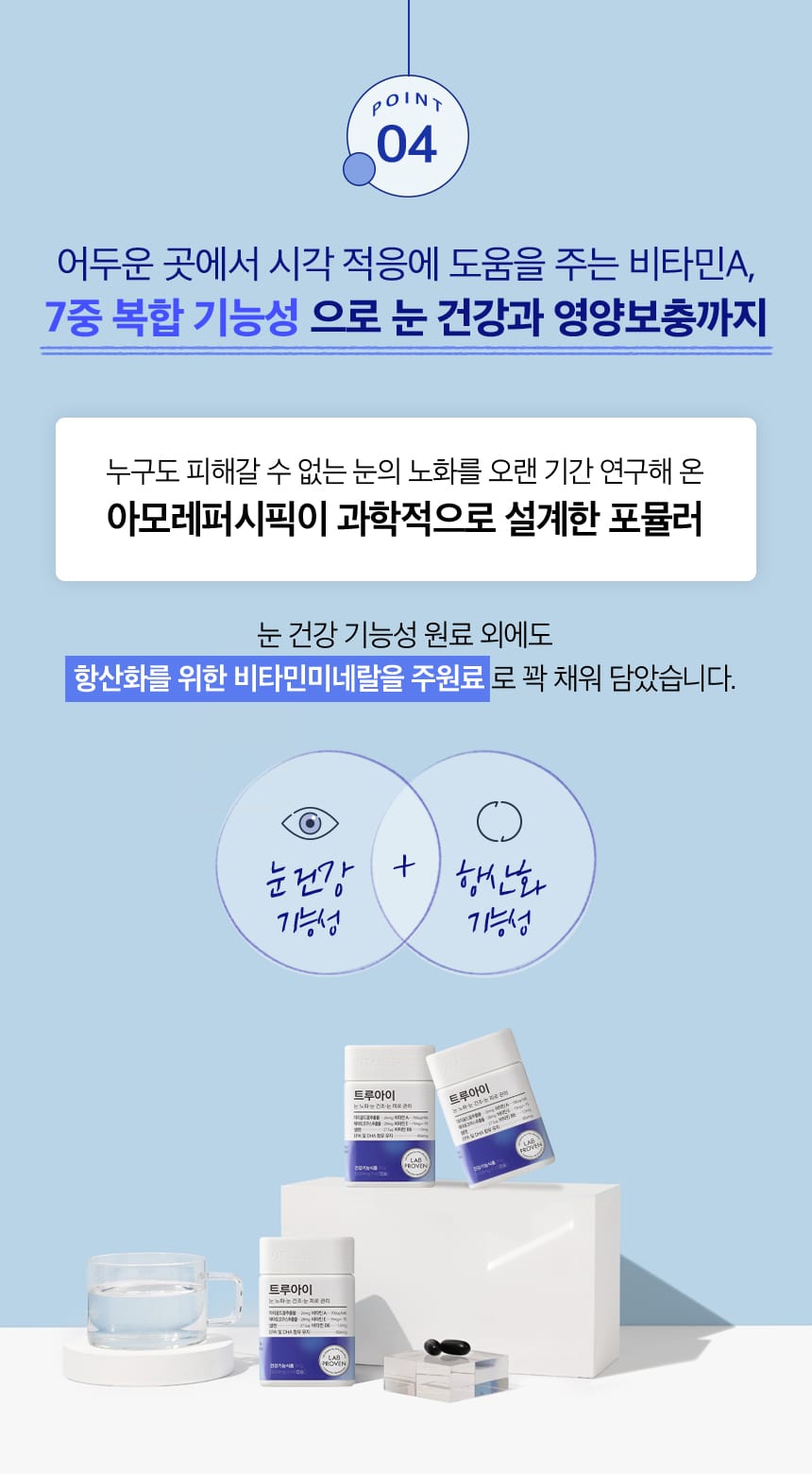 POINT 04. 어두운 곳에서 시각 적응에 도움을 주는 비타민A, 7중 복합 기능성으로 눈 건강과 영양보충까지