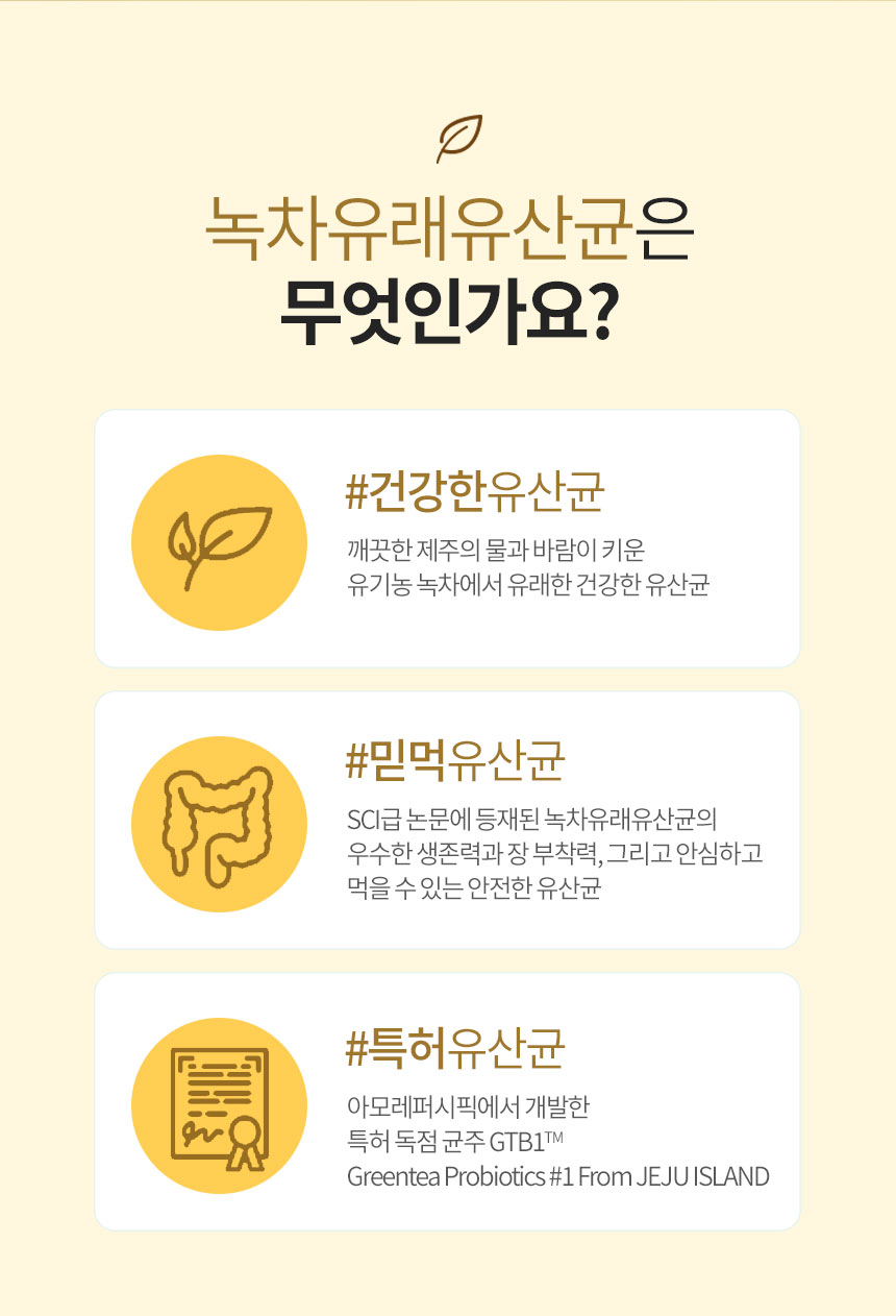 녹차유래유산균은 무엇인가요? #건강한유산균/ 깨끗한 제주의 물과 바람이 키운 유기농 녹차에서 유래한 건강한 유산균 #믿먹유산균/ SCI급 논문에 등재된 녹차유래유산균의 우수한 생존력과 장 부착력, 그리고 안심하고 먹을 수 있는 안전한 유산균 #특허유산균/아모레퍼시픽에서 개발한 특허 독점 균주 GTB1TM Greentea Probiotics #1 From JEJU ISLAND