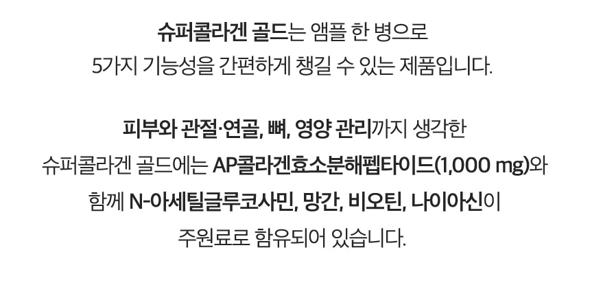 슈퍼콜라겐 골드는 앰플 한 병으로 5가지 기능성을 간편하게 챙길 수 있는 제품입니다.피부와 관절·연골, 뼈, 영양 관리까지 생각한 슈퍼콜라겐 골드에는 AP콜라겐효소분해펩타이드(1,000 mg)와 함께 N-아세틸글루코사민, 망간, 비오틴, 나이아신이 주원료로 함유되어 있습니다.